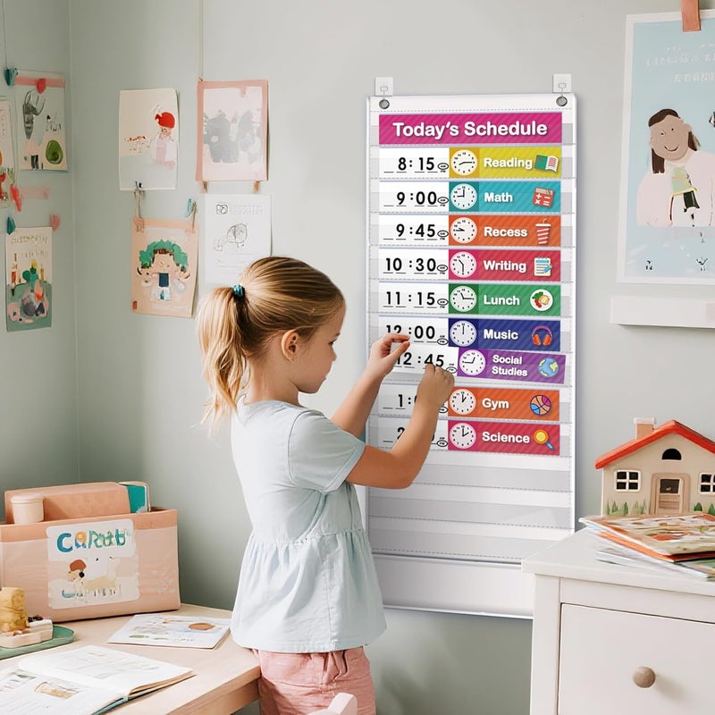 Eamay Daily Schedule Pocket Charts, Teaching Scheduling Pocket Chart, Hoom, Daily Scheduling Pocket Chart, Pocket Chart with 13+1 Pockets, 18pcs Dry Erase Cards and 2 Hooks (White) - Image 4